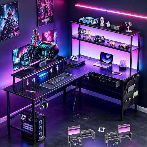 HLONONE Gaming Tisch L Form mit LED & Steckdosen, 150 x 100 cm Reversibel