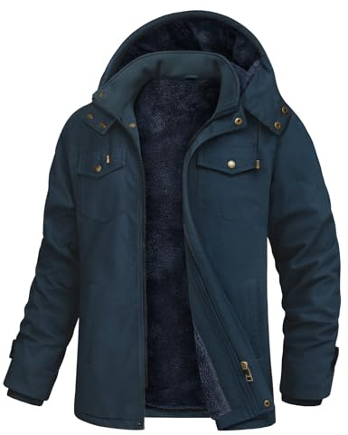 Xnova Mens Winter Parka Jackets Warm Fleece Lined Cotton Cargo Coats with Removable Hooded Zip Up Military Jacket Windbreaker Outerwear for Outdoor Work, Navy Blue, L
