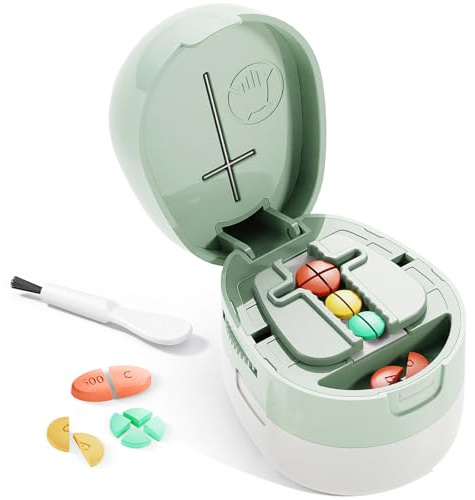 ZHIYES Adjustable Pill Cutter Splitter for Small and Tiny Pills, 1/2 1/4 Pill Splitter for Small Pills Vitamins Tablets, Accurate Alignment & Easy Cutting, Hidden Sharp Blade, Bottom Storage (Green)