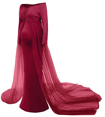 Vestido de Maternidad de Encaje de Manga Larga para fotografía, Vestido de Cola para Embarazadas para sesión de Maternidad, Talla Claret XL