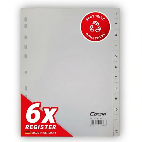 Register A4 6er Set – Trennblätter aus PP – Ordnerregister 1–12, 1–31 oder A–Z (auch halbe Höhe) – stabile Büro Organisation (1-12)