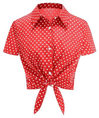 Haut à pois pour femme - Col montant vintage - Crop Top - Chemisier court court - Chemisier Oxford - Avec boutons et nœuds - Chemise d'été - Rockabilly - Tunique - Plage - Vacances - Couverture