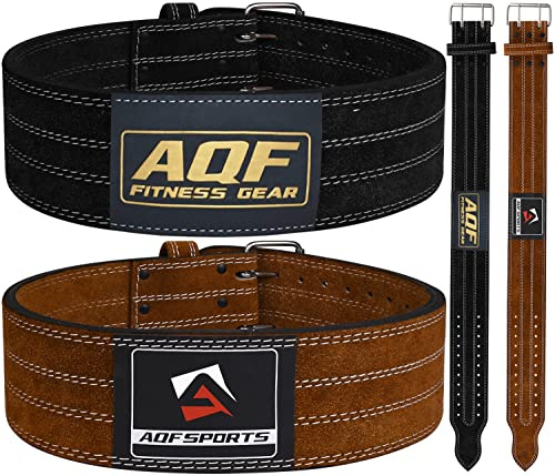 AQF Weight Lifting Nubuck Leather Powerlifting Belt Back Support – 4” Wide x 10mm Thick Double Prong Steel Roller Buckle Contoured Training Belt Suede Lining Black & Brown (Black, Large 32 to 35)