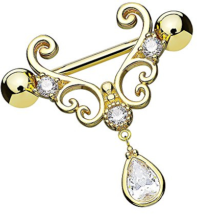 Piersando Brustwarzen Piercing Intimpiercing Nippelpiercing Brust Nippel Intim Brustwarzenpiercing Barbell Schild Tribal mit Tropfen Kristall Gold