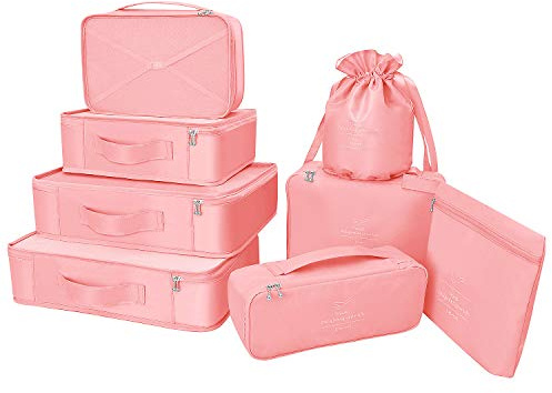 BETLLEMORY Packing Cubes 8 Sets Travel Luggage Organizers with Waterproof Shoe Storage Bag Compression Pouches(Pink)