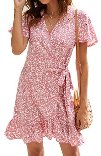 Naggoo Women's Summer Wrap V Neck Floral Print Ruffle Short Sleeve Mini Floral Dress with Belt (L, Pink)