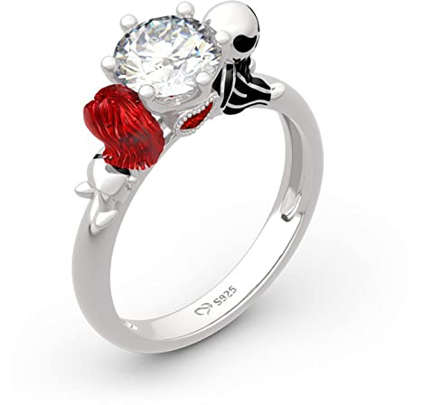 Jeulia Magie der Liebe Schädel Paar Rundschliff Sterling Silber Ring für Frauen Frau Freundin Verlobung Hochzeitstag Weihnachten Geburtstag mit Schmuckschatulle (61 (19.4))