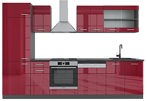 Vicco Küchenzeile R-Line, Bordeaux Hochglanz/Anthrazit, 300 cm ohne Arbeitsplatte