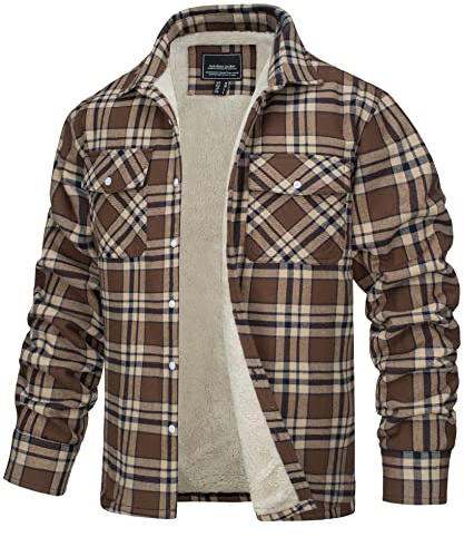TACVASEN Uomo Giacca Termica in Pile Camicia di Flanella Casual da Boscaiolo (M, Marrone)