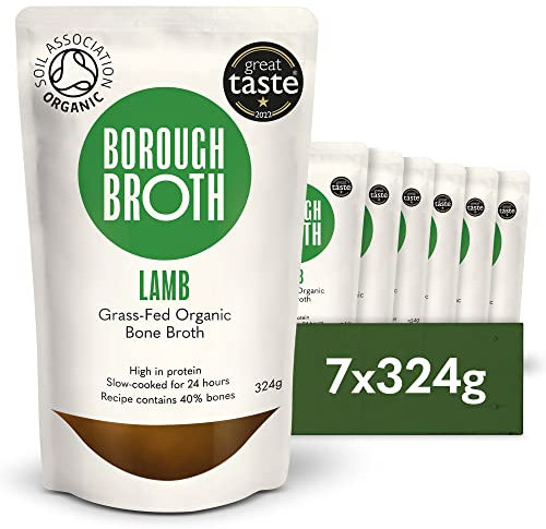 Organic Lamb Bone Broth by Borough Broth - Freshly Made with Grass-Fed Lamb & British Spring Water - High in Collagen & Protein - Low-Cal & Gluten Free - Delivered Chilled - 7 x 324g