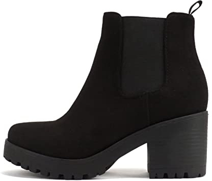 Soda Top Shoes Jaber Ankle Boot W Lug Sole Elastic Gore and Chunky Heel (Black Imitation Suede, 10)