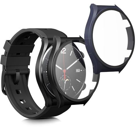 kwmobile fodral kompatibelt med Xiaomi Watch S1 fodral – 2 x härdat glas med plastram – svart/mörkblå