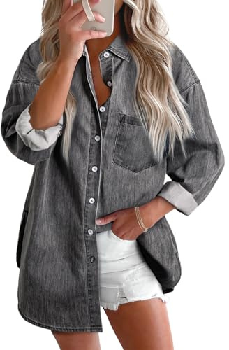 Astylish Women's Button Down Denim Shirt Casual V Neck Long Sleeve Classic Blouse Relaxed Fit Chambray Shirt Light Grey Medium