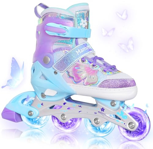 MammyGol Adjustable Inline Skates for Girls Boys Ages 4-12 with Light up Wheels & Butterfly Design – Vibrant Flashing Roller Skates, Perfect Beginner Skates for Kids Youth