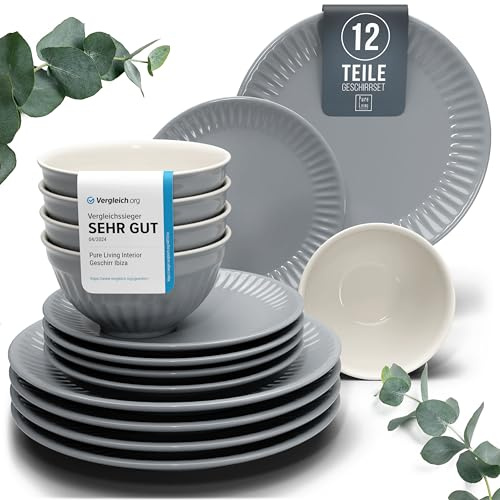 Elegant 12-delat porslinsset Hygge-serien – skål och tallriksset – högkvalitativt stengods matservis för 4 personer, diskmaskins- och mikrovågsugnssäker – rutat porslin i gråblått