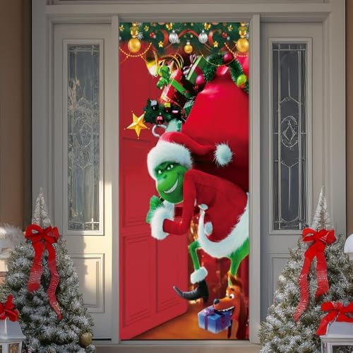 Green Christmas Door Cover Decorations, 71×35In Green Doll Door Banner Photography Porch Sign with Stealing Gifts for Xmas Outdoor Home Decor (Green Red-Bag)