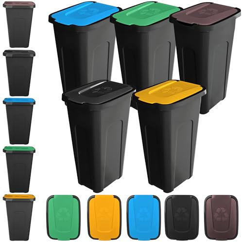 KADAX Set di pattumiere per la raccolta dei rifiuti, 5 x 30 l, set di pattumiere per sistema di raccolta differenziata, pattumiera in plastica con coperchio ribaltabile (5, tutti i colori del