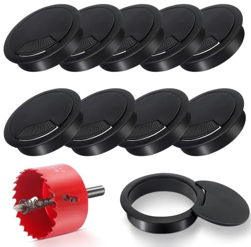 Selutiya 10Pcs Desk Grommet with Hole Saw,60mm Desk Cable Hole Desk Cable Grommet Covers Organize Office and Home Table Cable,Desk Hole Cover,Desk Grommet 60mm(Black)