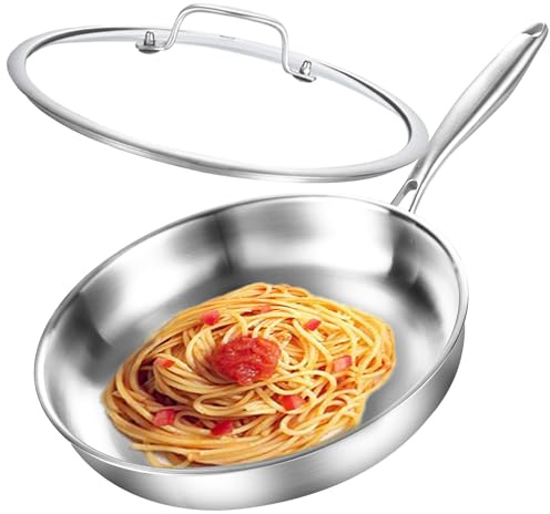 DELARLOCHEF Treskikts stekpanna i rostfritt stål med lock 26 cm, rostfri stekpanna obelagd induktionspanna, högeffektiva och energieffektiva stekpannor för biff, ägg, 25 cm