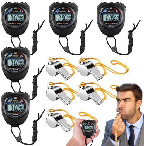 Temporizador digital deportivo, 5 unidades, cronómetro digital impermeable con 5 silbatos de acero inoxidable, cronómetro deportivo, pantalla grande, cronógrafo despertador para entrenamiento,