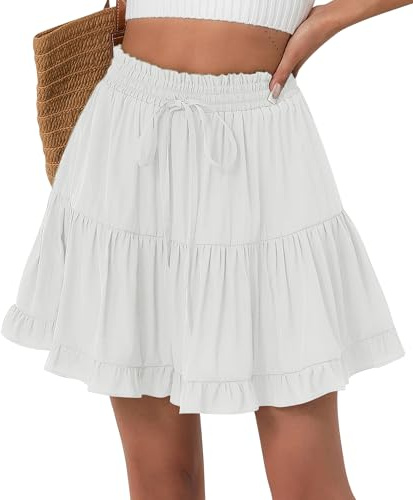 FEOYA Femme Jupe À Volants Taille Haute Courte Jupes Plissée Été Boho Mini Jupe de Plage avec Short Vacances Ruffle Skirt Blanc S