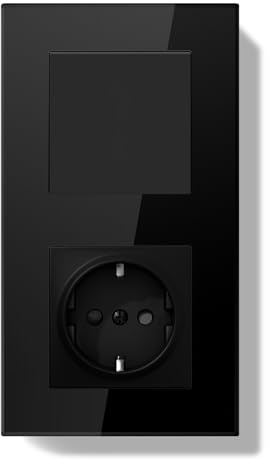 BSEEDLIFE Lichtschalter mit Steckdose, 1-Fach 1-Weg Wipptaster+ Steckdose, Doppelt 86 * 157mm Unterputz Wandschalter mit Glasrahmen, Schuko mit Rückstellschalter, Kabelklemmen & Krallen, Schwarz