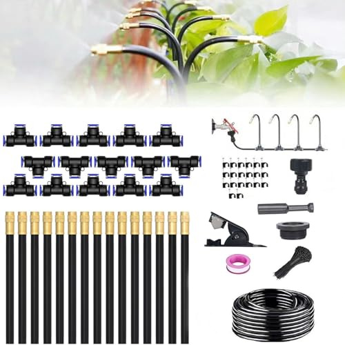Brumisateur Terrasse Exterieur,Système de Brumisation,Kit d’Irrigation Système de Brumisateur Extérieur 15M avec 15 Direction Réglable Buses,Kit de Tuyau Brumisateur par Brume pour Piscine,Jardin