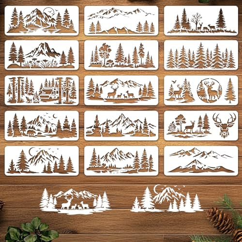 INFUNLY 15Pcs Forest Mountain Painting Stencil for Wall 4.7×11.8 Reusable Deer Wall Stencils Pine Tree Painting Template Small Walls Stencil Templates for Crafts Cement Wood Furniture Nursery Bedroom