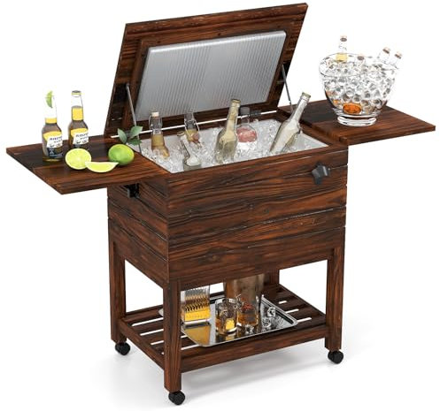 GOPLUS Nevera de 50 L Portatil con Ruedas, Mesa Nevera Jardin Exterior, Estante Inferior y Abrebotellas para Exteriores, Carro Enfriador Móvil para Jardin, Piscina y Barbacoa