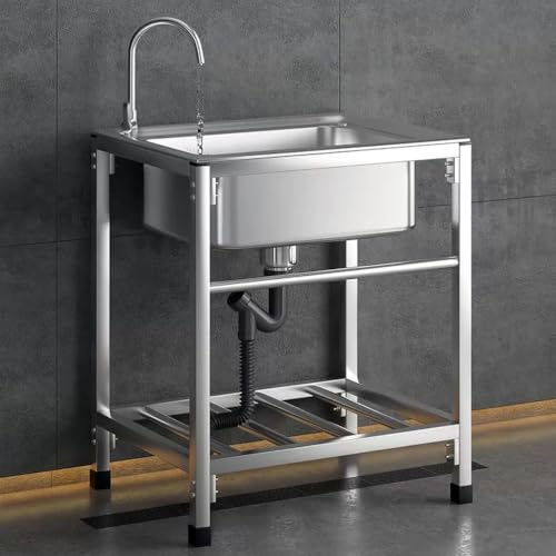 SQYHYTS Evier Exterieur Évier Utilitaire À 1 Compartiment avec Robinet d'eau Chaude Et Froide, Étagère De Rangement Plonge INOX Cuisine pour La Cuisine, La Buanderie, La Salle À Manger,48 * 35 * 75cm