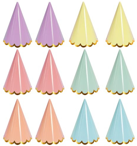 QhgPnt Mini Party Hats for Toy Animals, 12 Pastel Birthday Party Hats with Gold Trim, Colourful Cone Hats for Kids Parties, Pet Celebrations & Themed Events, 16.5cm Height