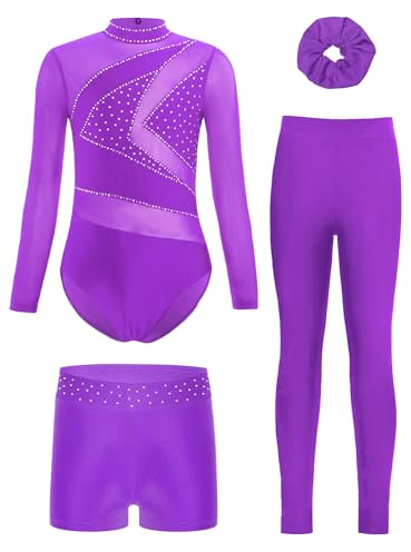 Freebily Body Ginnastica Artistica Bambina Balletto Leotards Body Danza Classica con Leggings Pantaloncini e Fascia per Capelli Tuta da Allenamento Pattinaggio Dancewear Viola 11-12 anni