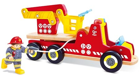 Hape Camion dei pompieri con illuminazione e sirena, con personaggio del pompiere – auto giocattolo – camion dei pompieri con scala girevole e accessori – in legno, giocattolo a rulli per bambini dai