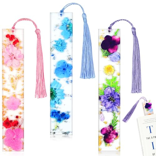 AUAUY 3 stycken harts bokmärken, med tofs, transparent, rosa, blå, lila | Bokmärke flicka pressad, blomma harts blommig boksida, boksidorehållare, tillbehör, för läsälskare studenter lärare