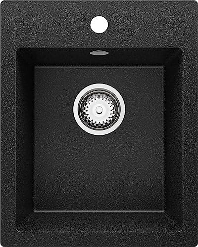 PRIMAGRAN Lavello da Cucina Grafite 38x50cm, Lavandino in Granito a 1 vasca + Sifone Classico, Lavabo Incasso al mobile 40cm - Riga S003