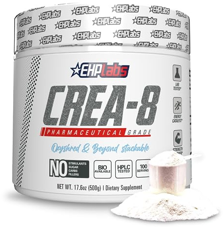 EHP Labs CREA-8 Micronized Creatine Monohydrate Powder - Unflavored Creatine Powder for Muscle Growth, Increased Strength, Enhanced Energy Output and Improved Performance - 100 Servings (500g)