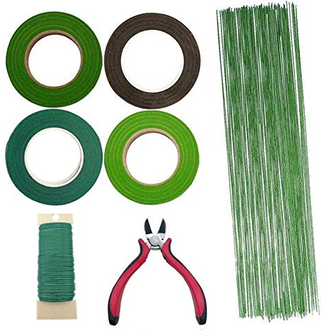 Woohome 7 Stück Blumen-Arrangement Tool Kit, Flora Kreppband, 26 Gauge Grün Zoll Blumenstamm Draht, 22 Gauge Grün Floral Wire für Strauß Stem Wrap Florist