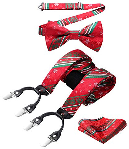 HISDERN Tirantes Para Hombre Roja Navidad Tirantes con clips fuertes forma de Y ajustable Patrón de Santa Pajaritas Set Pañuelo de bolsillo