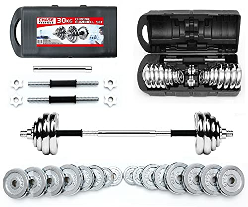 Chase Fitness 30kg Chrome Cast Iron Dumbbell & Barbell Set – Adjustable Free Weights for Home Gym, Strength Training, Bodybuilding & Muscle Building Kit