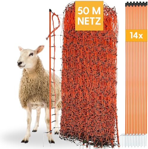 Agrarzone fårnät fårstaket med elektricitet orange 50m x 108cm | Elstängselnät med dubbelpunkt och stolpar | Skyddstaket för fårgettslamm | Staket för staket för get för staket för staket