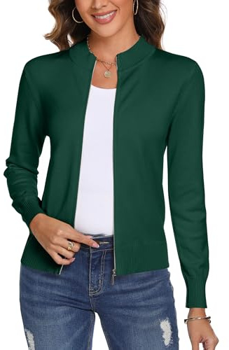 Aottori Cardigan Zippé Femmes à Manches Longues Gilet Veste en Maille Manteau Col Montant Sweat Shirt Côtelé Pull Casual Vert L