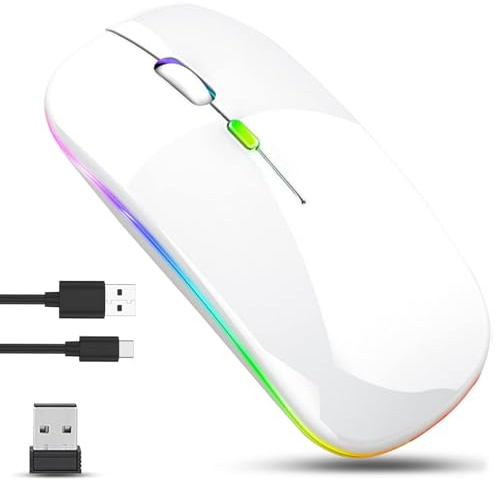 GLOBAL TECH LED trådlös mus, smal uppladdningsbar trådlös tyst mus, 2,4 G bärbar USB-optisk trådlös trådlös mus med USB-mottagare för bärbar dator, PC, dator, Mac (vit)