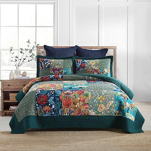 Autumn Dream Cotton Bedspread Quilt Sets Reversible Bedding Coverlet Sets Comforter, Vintage Floral Patchwork Turquoise Bedspread, King Size