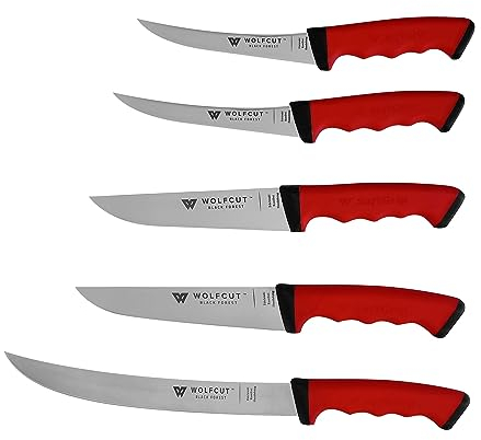 Wolfcut SoftGrip RED-Serie - Metzgermesser-Set 5-tlg. - Ausbeinmesser 13 und 15 cm, Stechmesser, Fleischermesser, Zerlegemesser