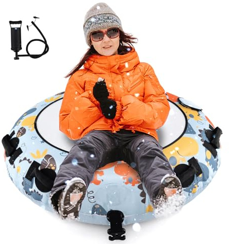 COSTWAY Luge Bouée Gonflable de 113 cm, Traîneau à Neige Robuste en Housse Oxford avec Poignées Robustes Gonfleur Manuel, Jouets Amusants d'hiver pour Enfants Adultes (Dinosaure)