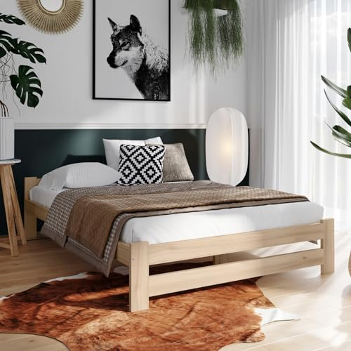 Letto in Legno Matrimoniale 160 x 200 cm Con Rete a Doghe - Moderno in Pino Massiccio, Classico, Confortevole e Durevole, Scandinavo, Testiera Piatta