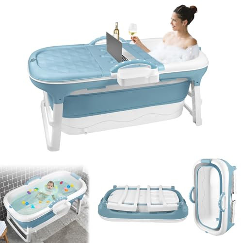 XINZI Vasca da bagno pieghevole per adulti 118 x 62 x 52 cm, pieghevole con copertura, rulli massaggianti e cestino per sapone, mobile per piccoli bagni e spa