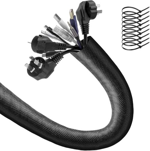 AGPTEK 3m Kabelschlauch, 25mm selbstschließend Kabelkanal, Flexibler Textilien Kabelmantel, Kabelmanagement für Schreibtisch, TV, Computer, PC, Kabelschutz für Hund, Katze, Schwarz