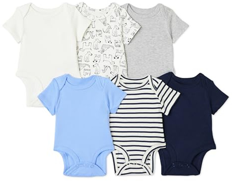 Amazon Essentials Body à Manches Courtes Mixte Bébé, Lot de 6, Bleu/Chiens, 12 mois