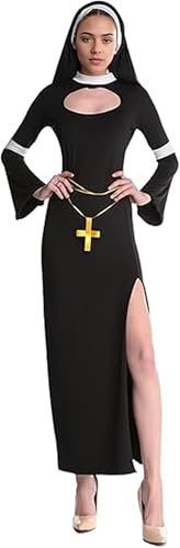 maxToonrain Nonnen-Kostüm für Damen, Halloween-Kostüme für Erwachsene, lustiges Cosplay-Party, Kreuz und Kopfbedeckung, Nonnen-Outfit für Damen (D-Stil, M)